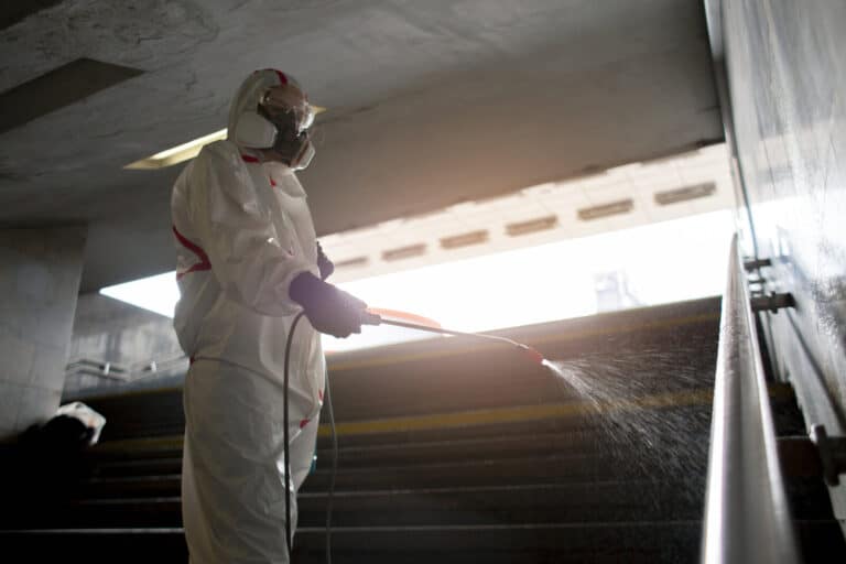 Occupational Exposure Limits (OELs) man inside a hazmat suite spraying, disinfectant Occupational Exposure Limits (OELs) man inside a hazmat suite spraying, disinfectant